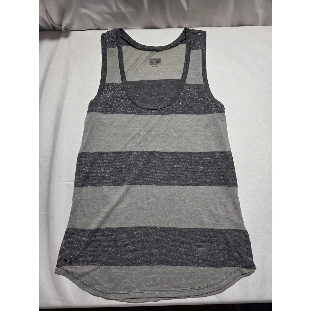 Converse One Star Womens Grey Striped Metallic Sparkle Tank‎ Top Scoop Neck L